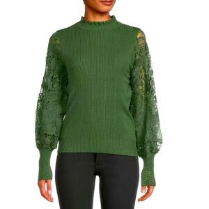 NWT Sioni Ribbed Lace Long Sleeve Mockneck Sweater Knitwear  Green Size L